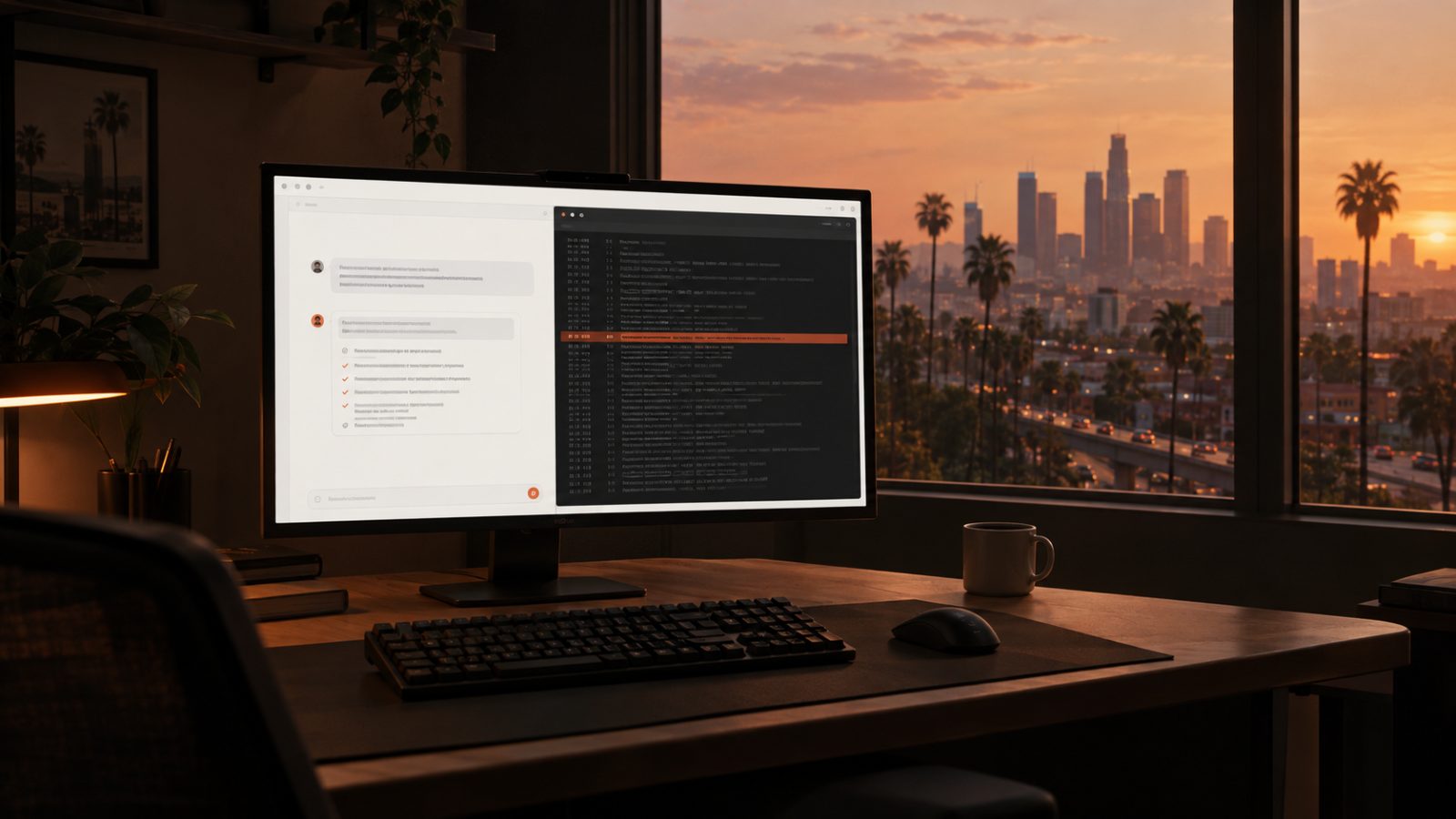 A desk at dusk with a monitor showing the FiveAI chat next to a live server console, and a city skyline with palm trees outside the window