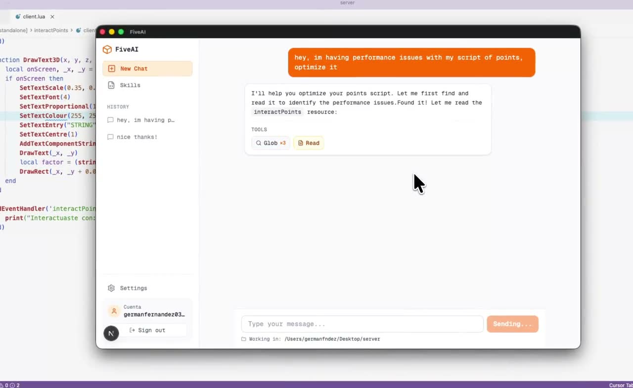 App de escritorio de FiveAI con un chat pidiendo optimizar un script