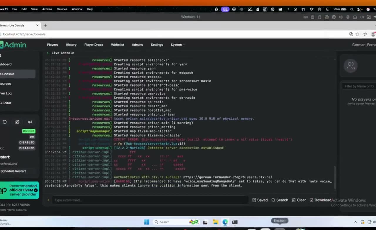 Consola en vivo de TxAdmin con el log del servidor que FiveAI lee