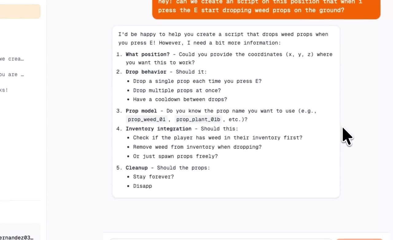 Chat de FiveAI pidiendo los detalles que necesita antes de escribir un script