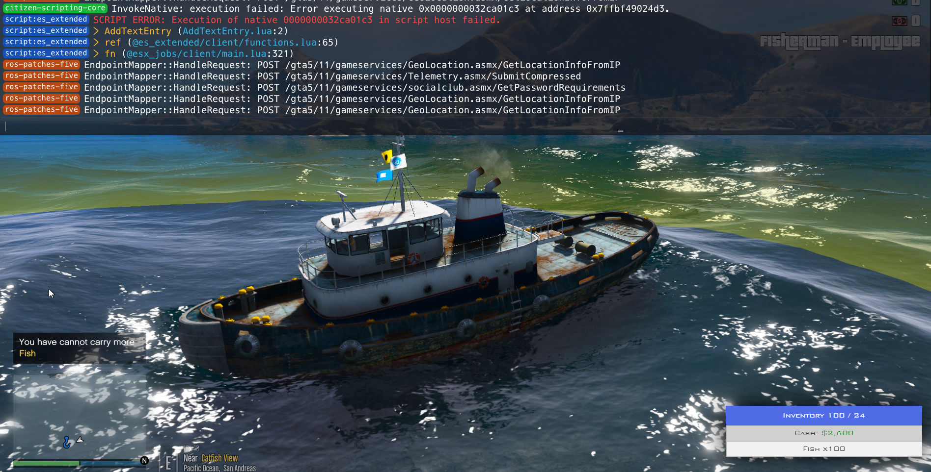 An ESX fishing job error in the FiveM F8 console, in game